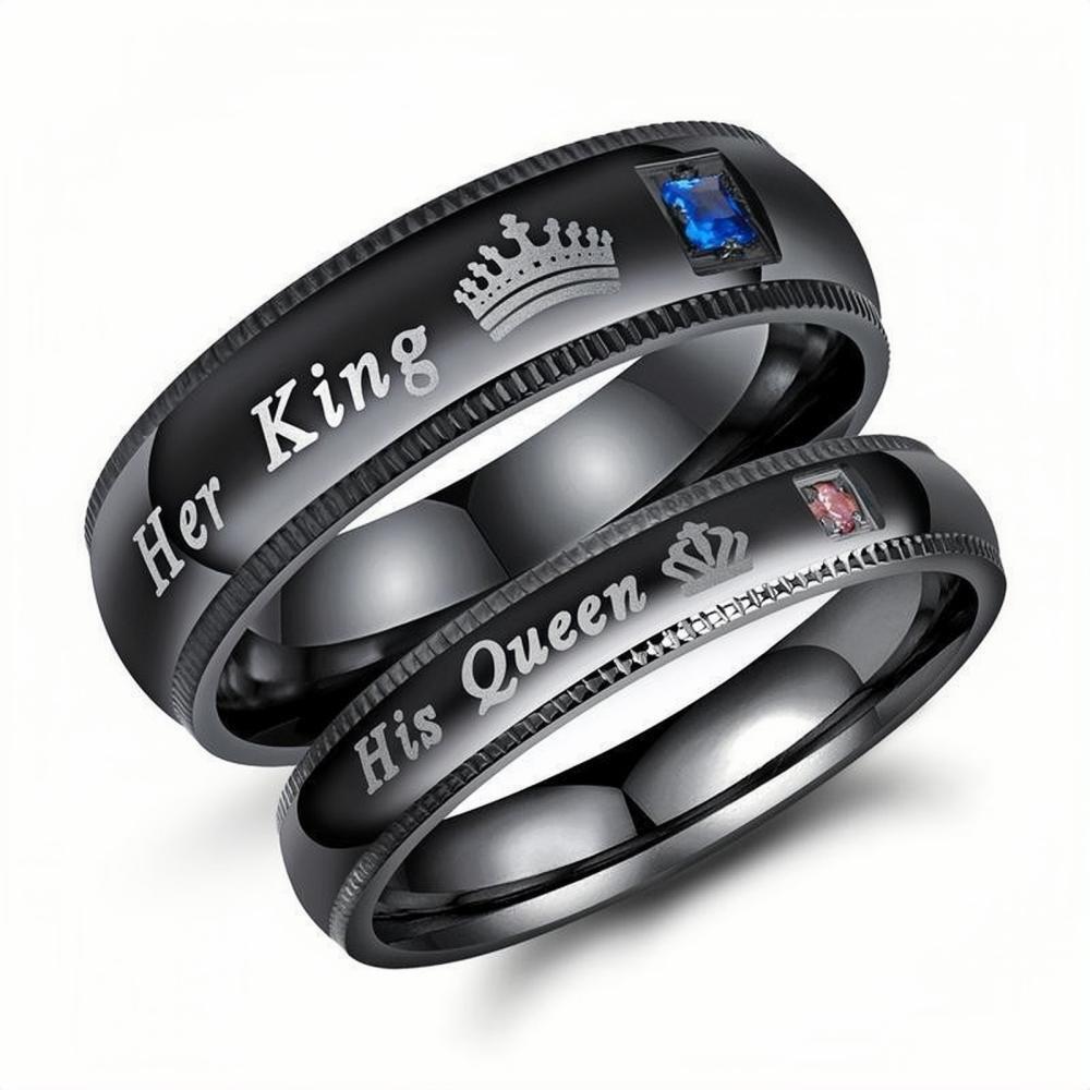 Black Her King His Queen Matching Promise Rings For Couples In Titanium