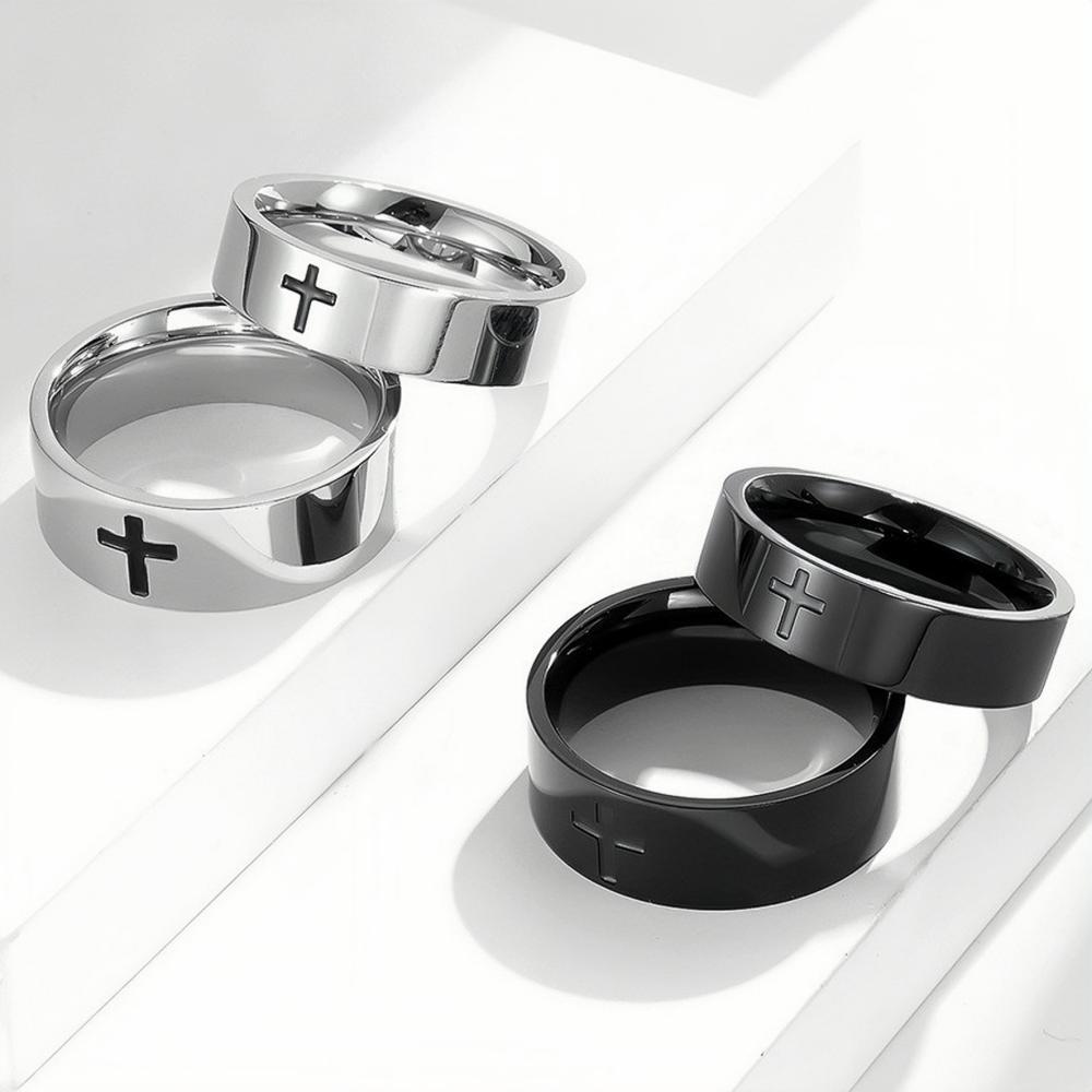 Engravable Cross Rings For Couples In Titanium