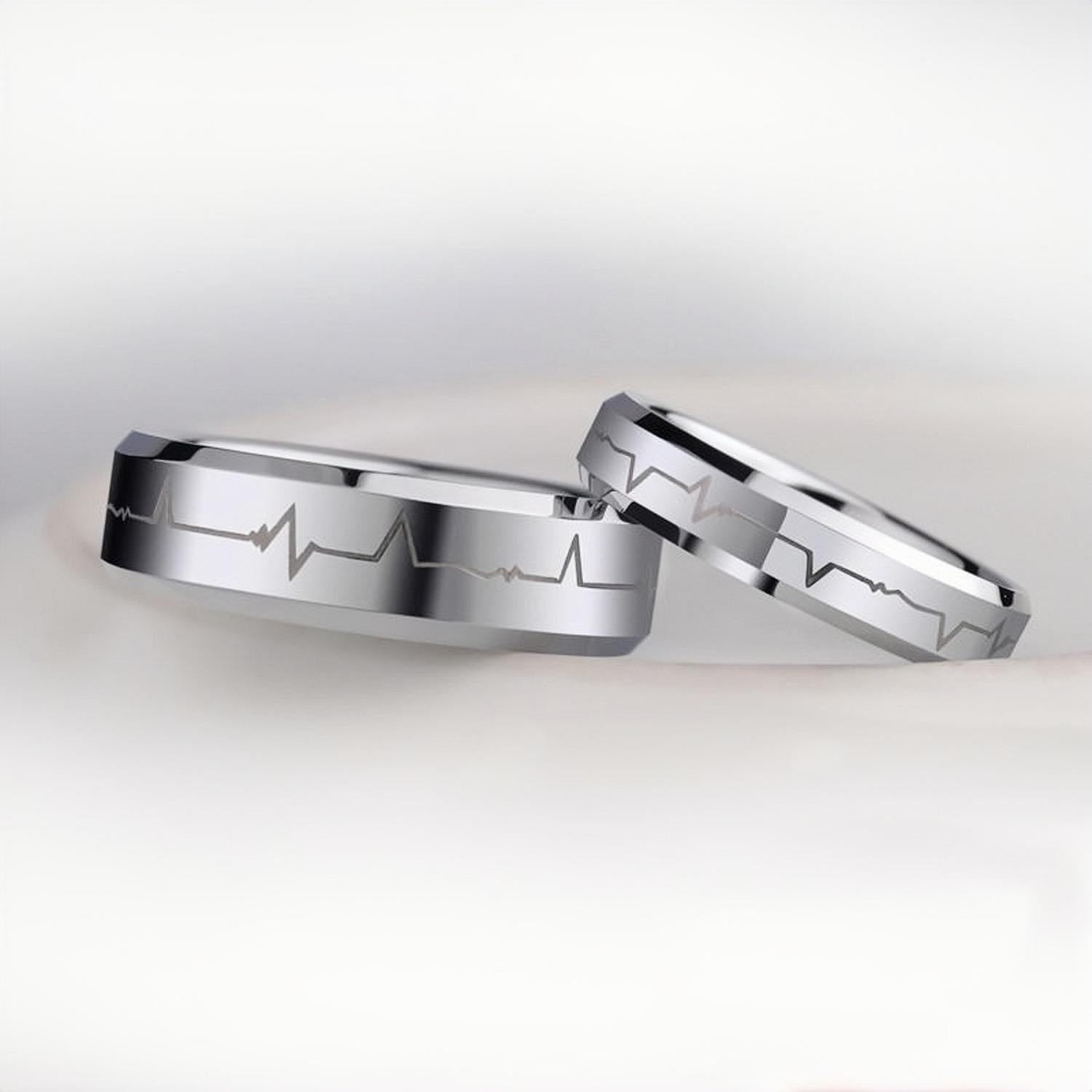 Engravable Heartbeat Promise Rings For Couples In Tungsten