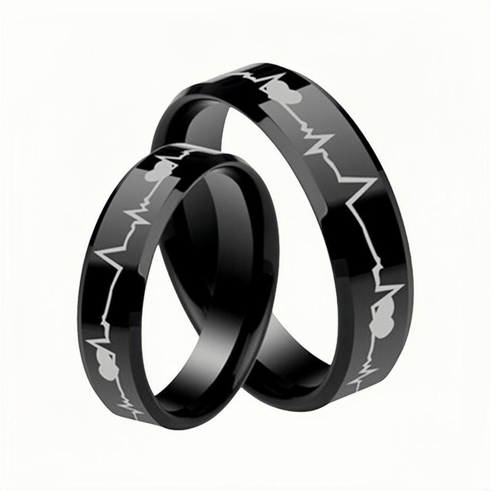 Engravable Black Heartbeat Rings For Couples In Tungsten