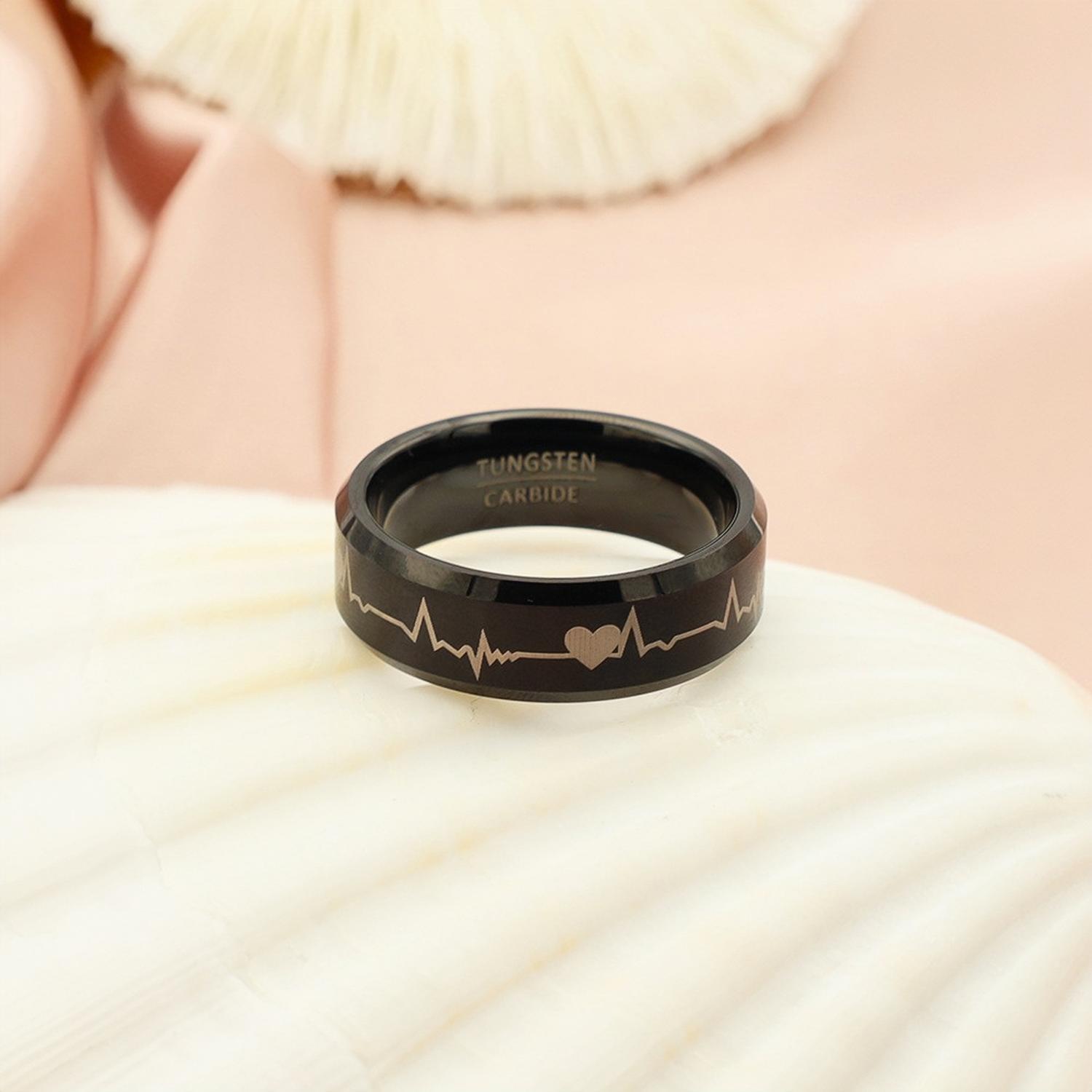 Engravable Black Heartbeat Rings For Couples In Tungsten