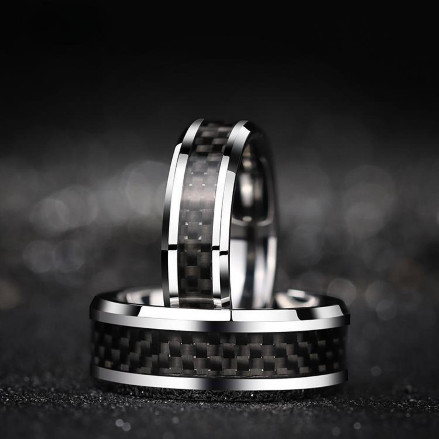 Engravable Unique Carbon Fiber Rings For Couples In Tungsten