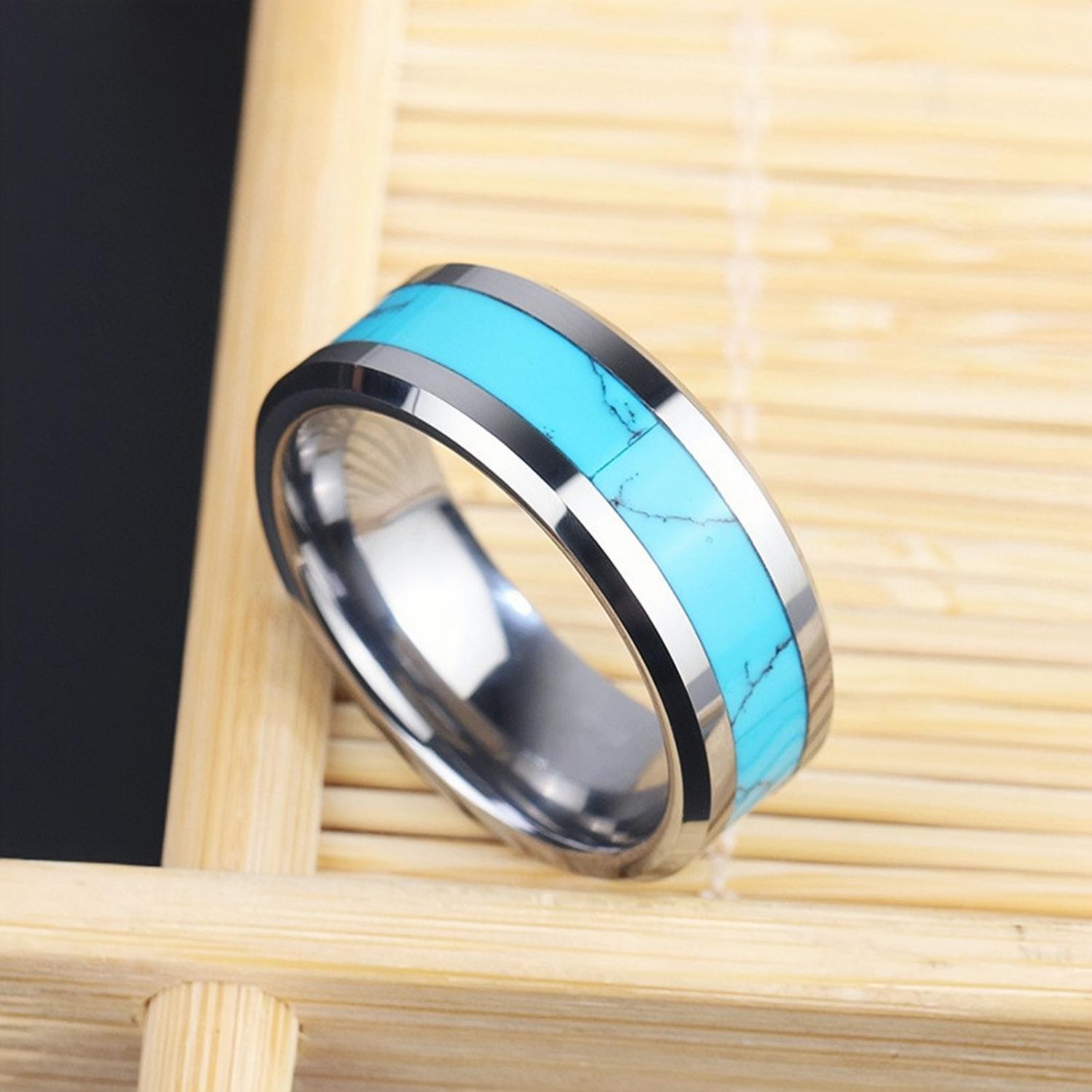 Engravable Unique Turquoise Rings For Couples In Tungsten