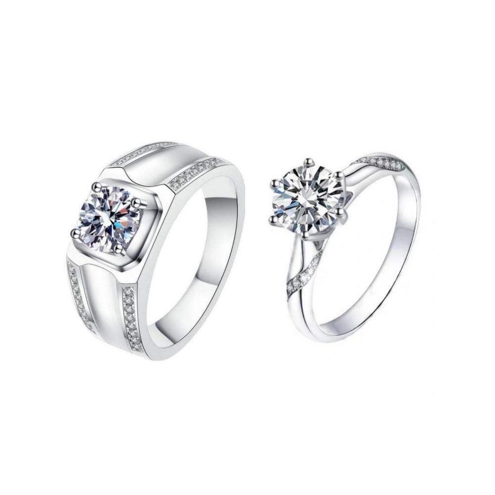 Engravable Matching Moissanite Wedding Band Sets In Sterling Silver