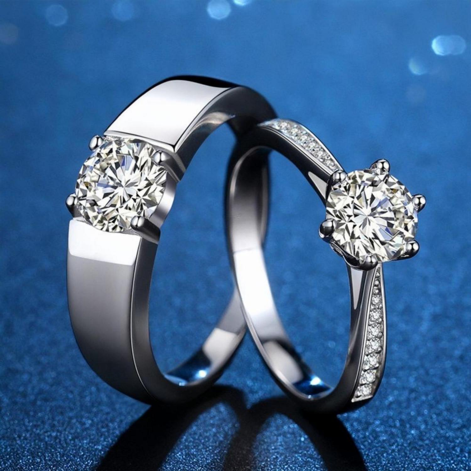 Engravable Matching Moissanite Wedding Rings In Sterling Silver