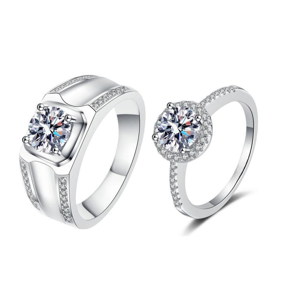 Engravable Cluster Moissanite Promise Rings Sets In Sterling Silver
