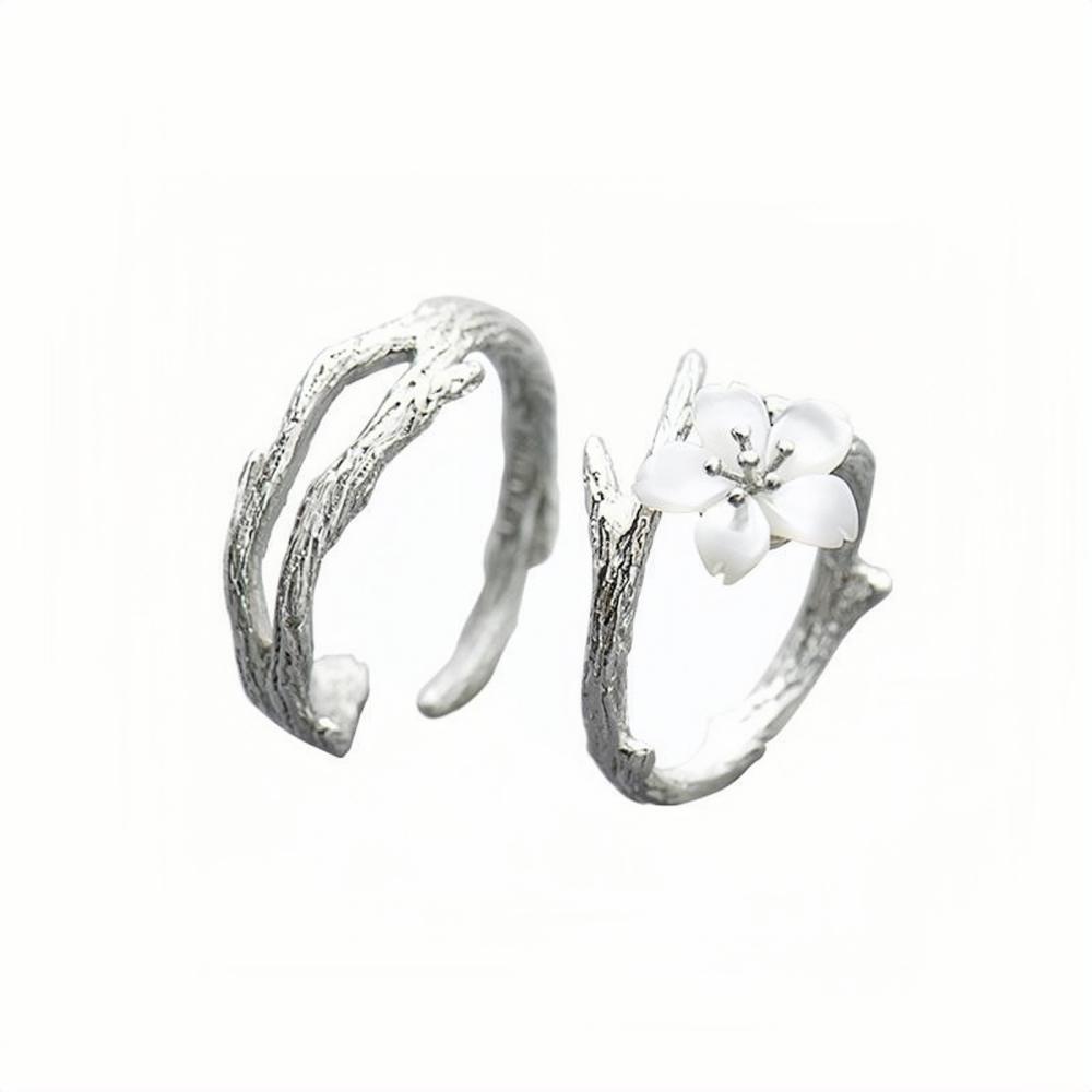 Adjustable Cherry Blossom Promise Rings For Couple In Sterling Silver