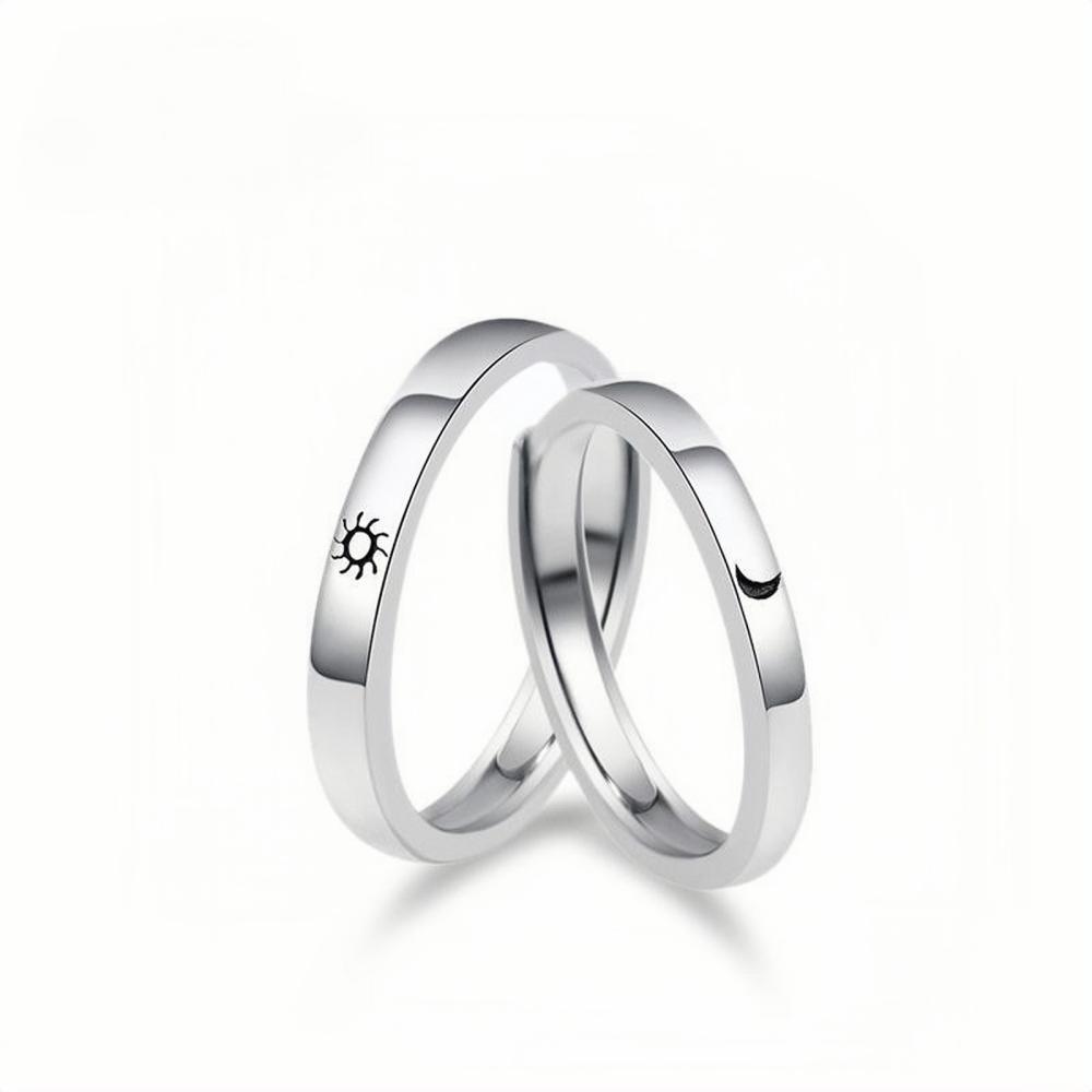Adjustable Simple Sun And Moon Couple Rings In Sterling Silver