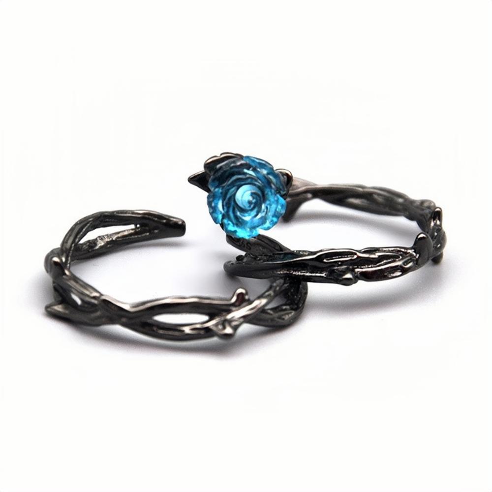 Adjustable Unique Black Thorns And Roses Couple Rings In Sterling Silver