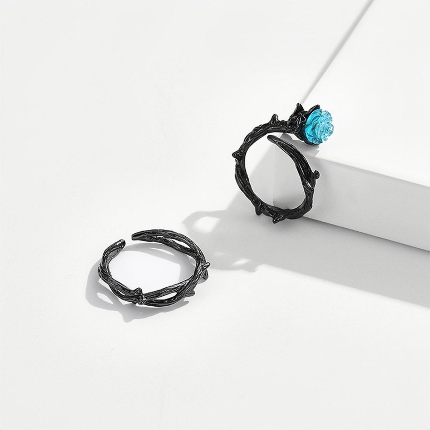 Adjustable Unique Black Thorns And Roses Couple Rings In Sterling Silver