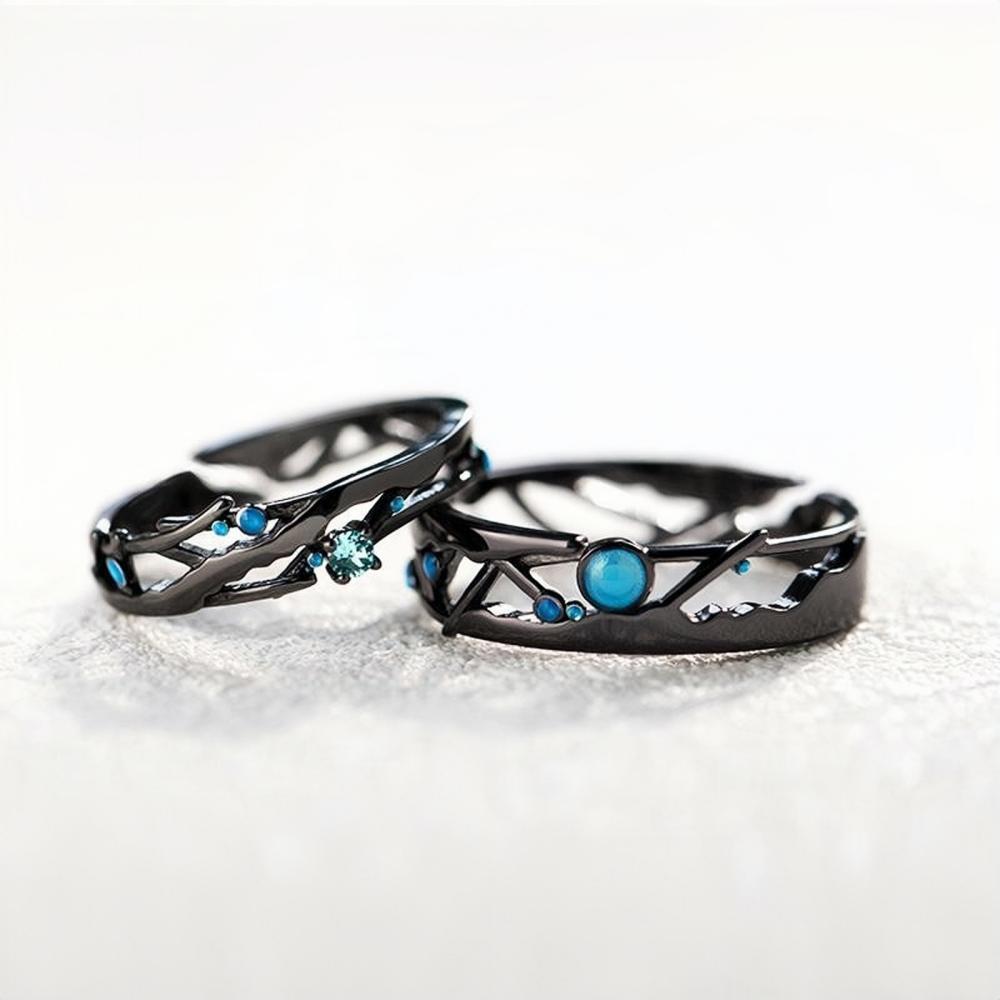 Adjustable Black Matching Unique Couple Rings Set In Sterling Silver