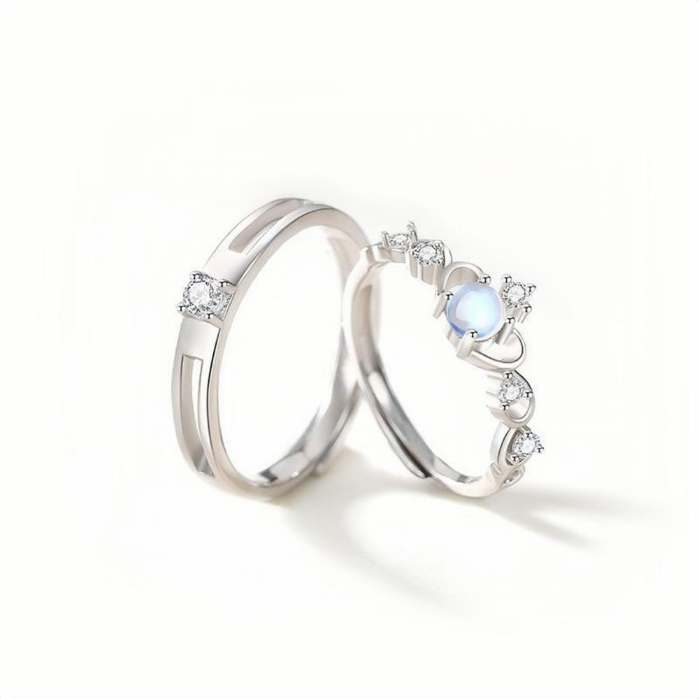 Adjustable Crown Matching Moonstone Promise Rings Sets In Sterling Silver