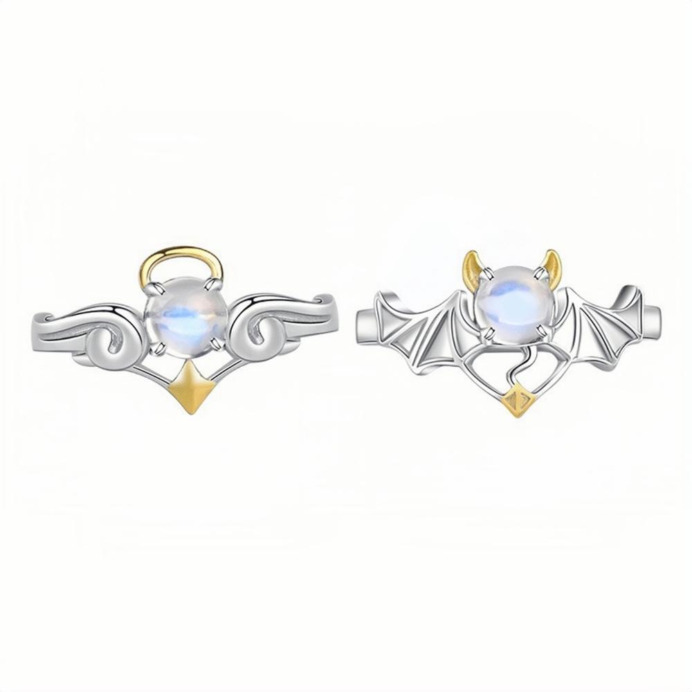 Adjustable Cute Angel And Demon Matching Couple Rings In Sterling Silver