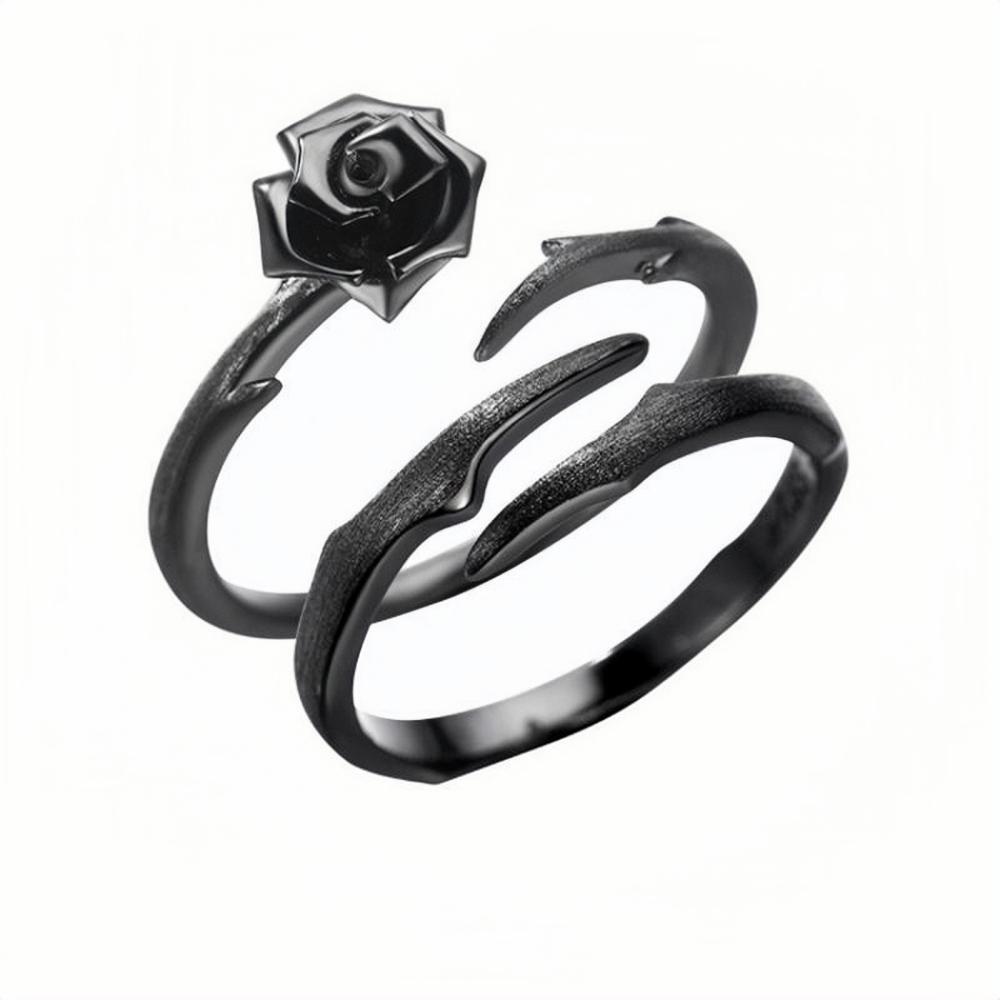 Adjustable Black Thorn And Rose Matching Couple Rings In Sterling Silver