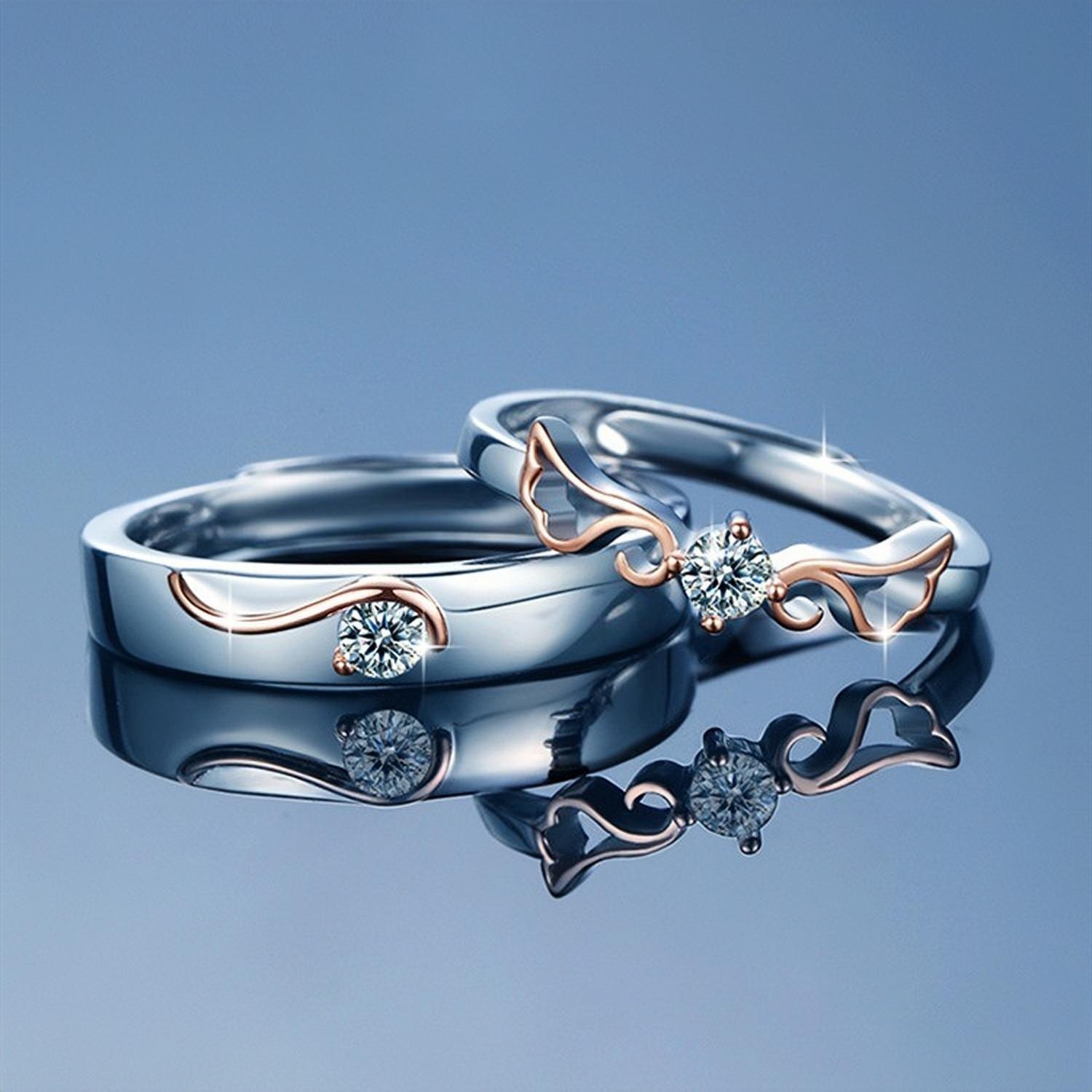 Adjustable Guardian Angel Moissanite Promise Rings Sets In Sterling Silver