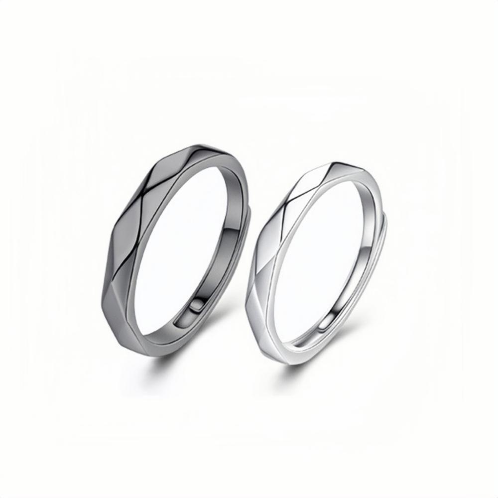 Adjustable Day And Night Rhombic Couple Promise Rings In Sterling Silver