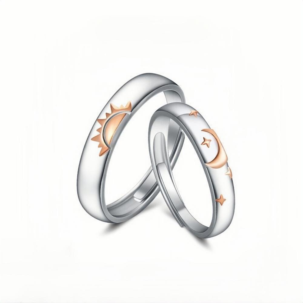 Adjustable Sun And Moon Promise Rings For Couples In Sterling Silver