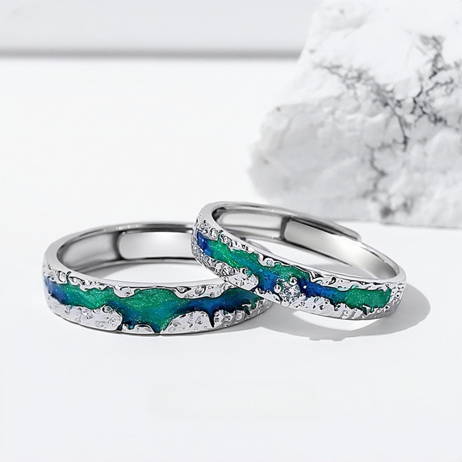 Adjustable Unique Aurora Couple Rings In Sterling Silver