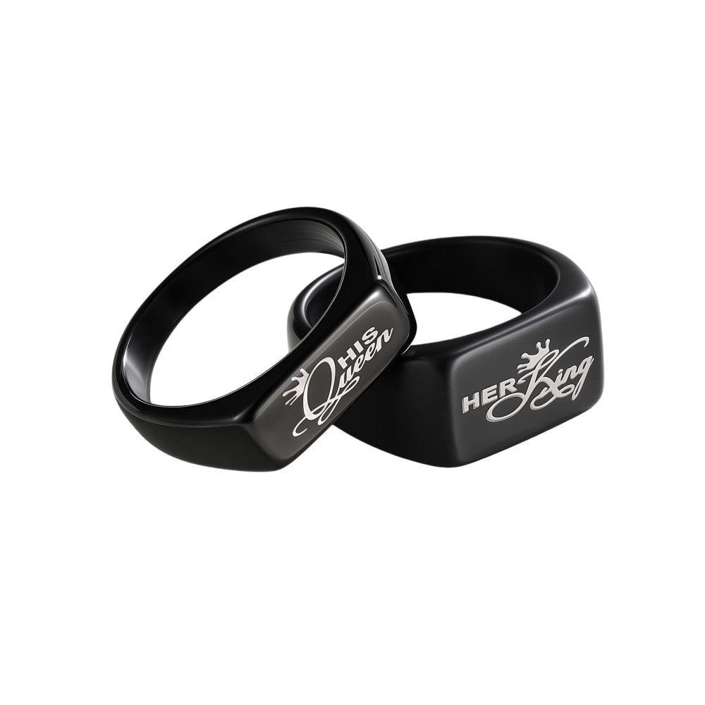 Engravable Her King His Queen Titanium Black Signet Rings For Couples