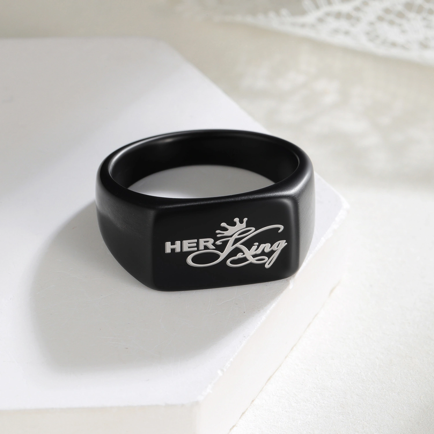 Engravable Her King His Queen Titanium Black Signet Rings For Couples