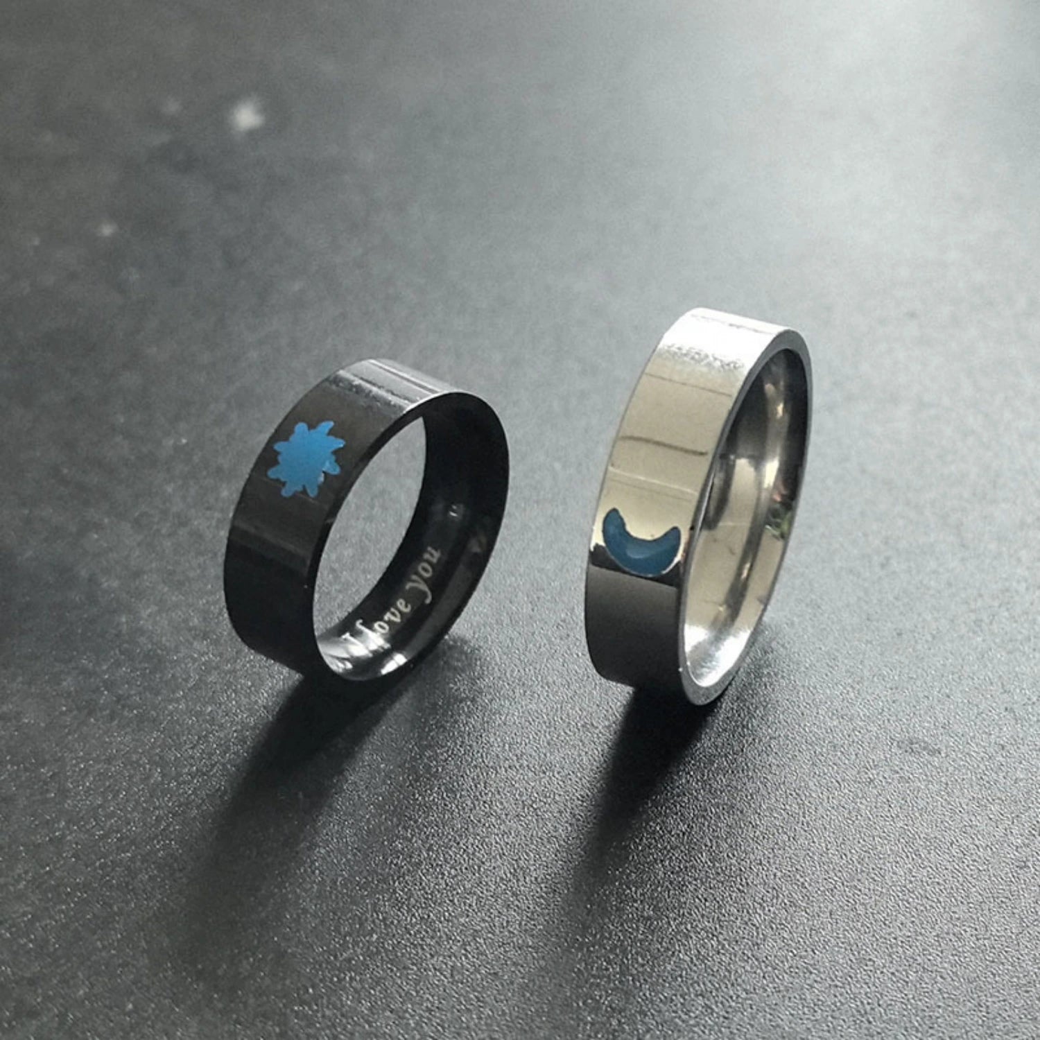 bimg_190_1 Engravable Glow In The Dark Titanium Sun And Moon Couple Rings