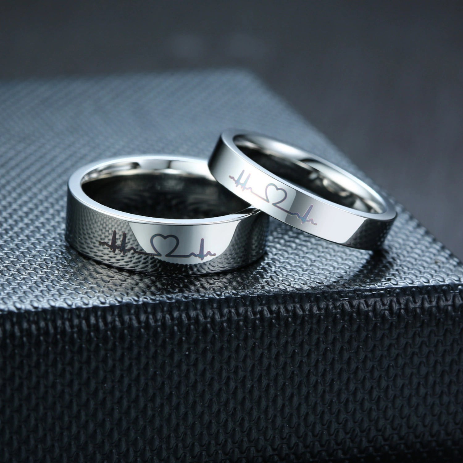 Engravable Titanium Heartbeat Promise Rings For Couples