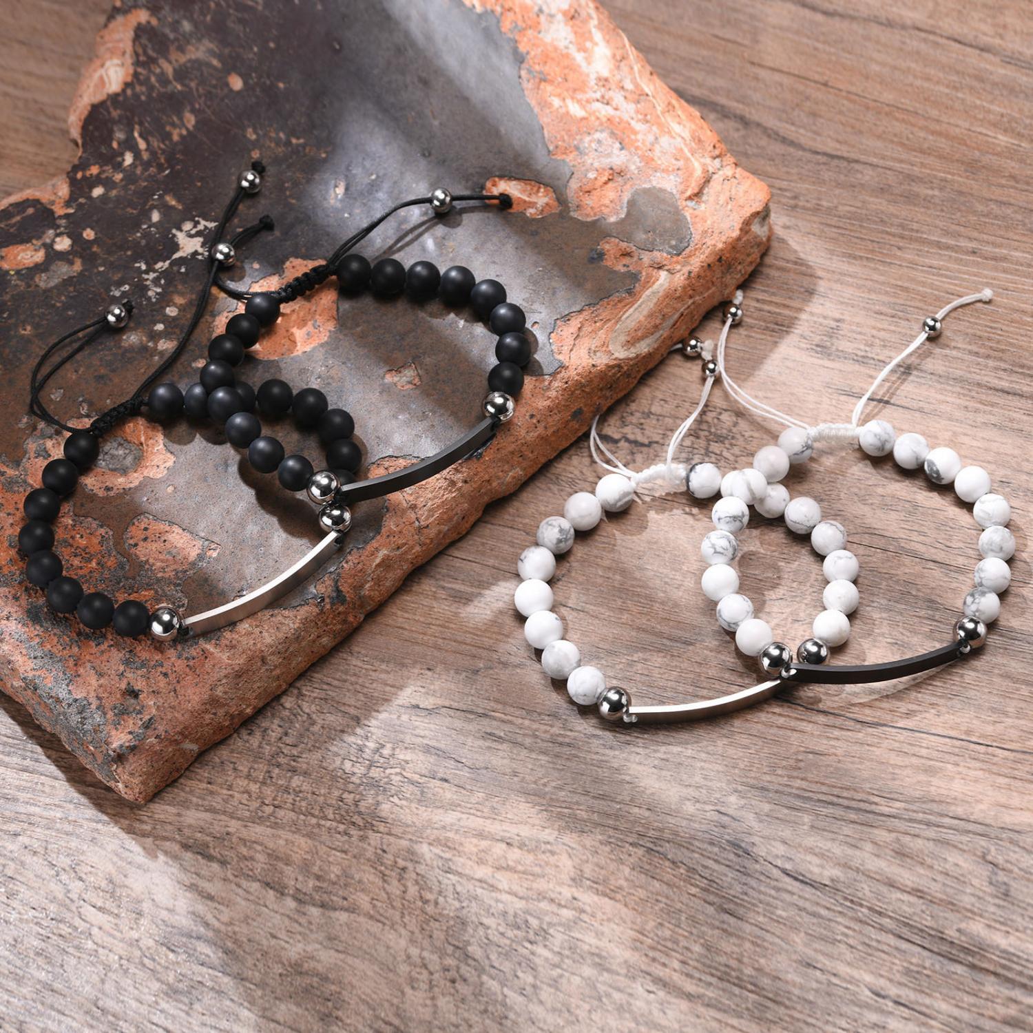 Engravable Matching Beaded Bracelets For Couples In Titanium