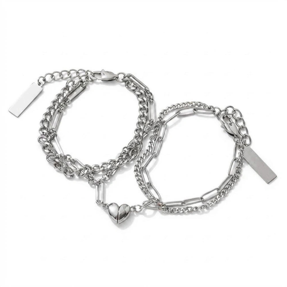 Magnetic Heart Double Layer Cuban Chain Couple Bracelets In Titanium