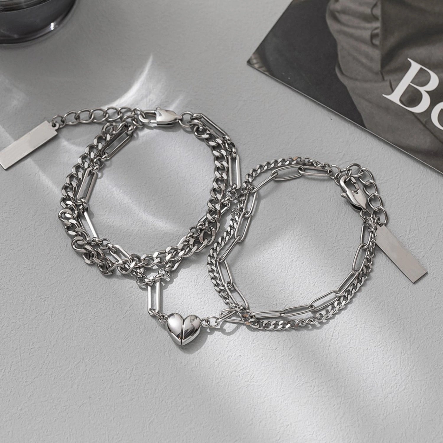 bimg_226_1 Magnetic Heart Double Layer Cuban Chain Couple Bracelets In Titanium
