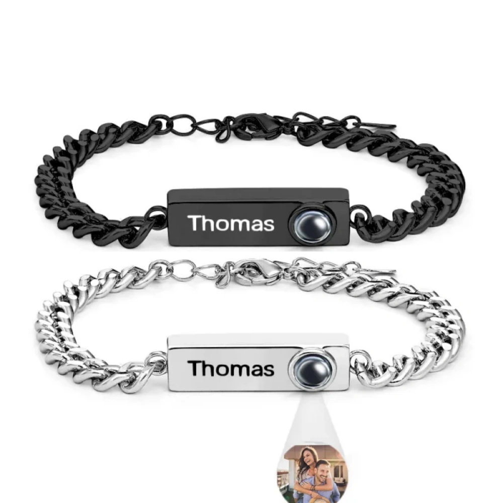 Personalized Matching Photo Projection Couple Cuban Chain Bracelets