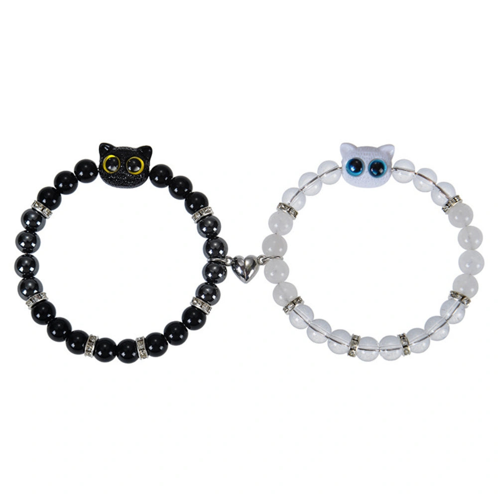 Cute Cat Magnetic Heart Matching Beaded Couple Bracelets