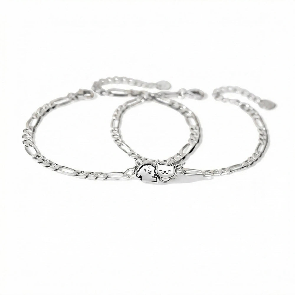 Cute Puppy Magnetic Couple Cable Chain Bracelets In Sterling Silver