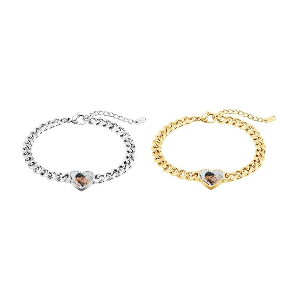 Heart Temperature Sensitive Cuban Chain Photo Bracelets For Couples