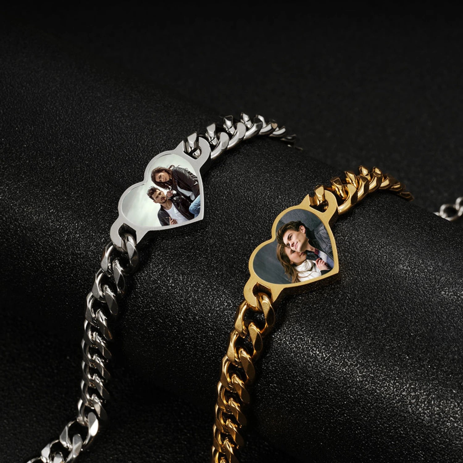 Heart Temperature Sensitive Cuban Chain Photo Bracelets For Couples