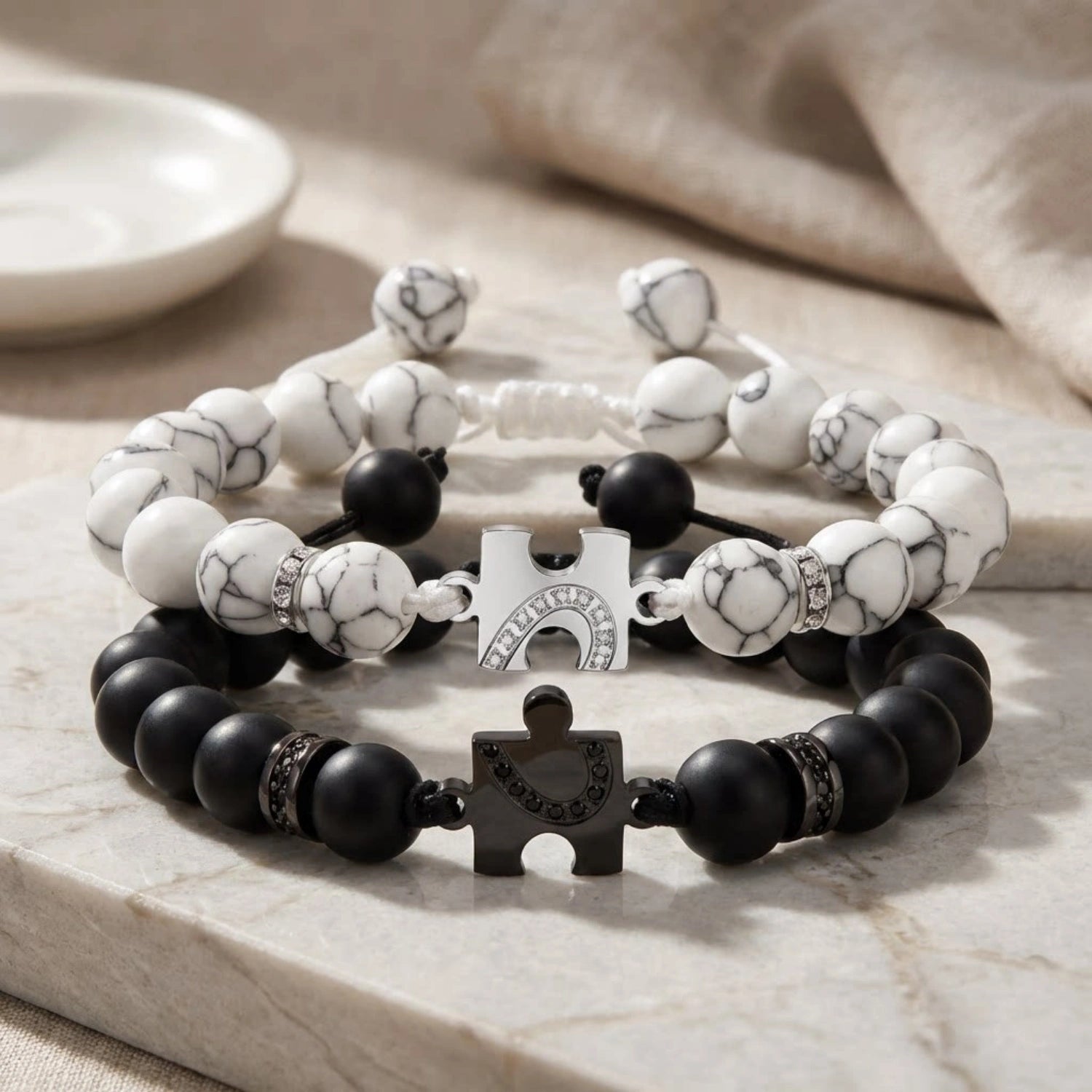 Engravable Matching Heart Charm Beaded Bracelets For Couples