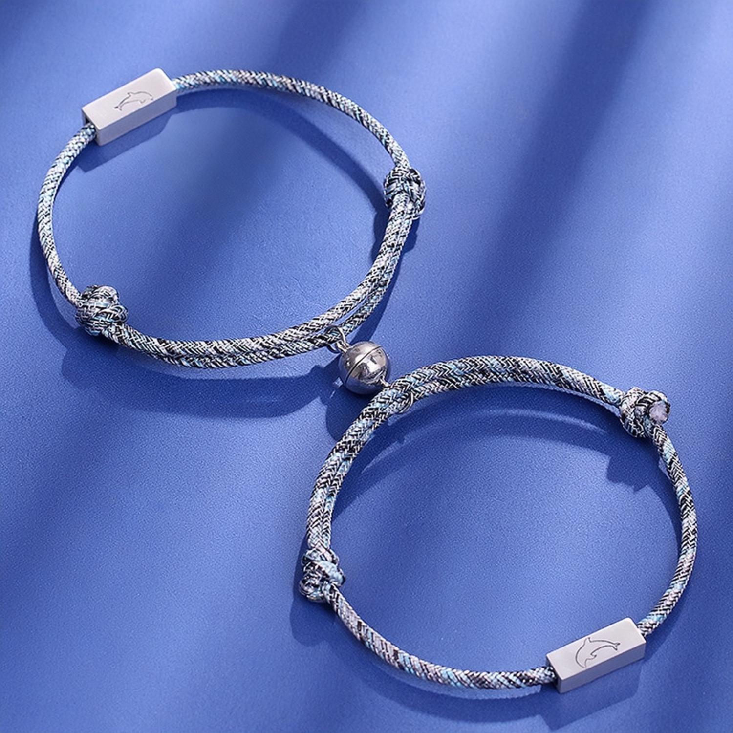 Engravable Cute Dolphin Matching Magnetic Bracelets For Couples