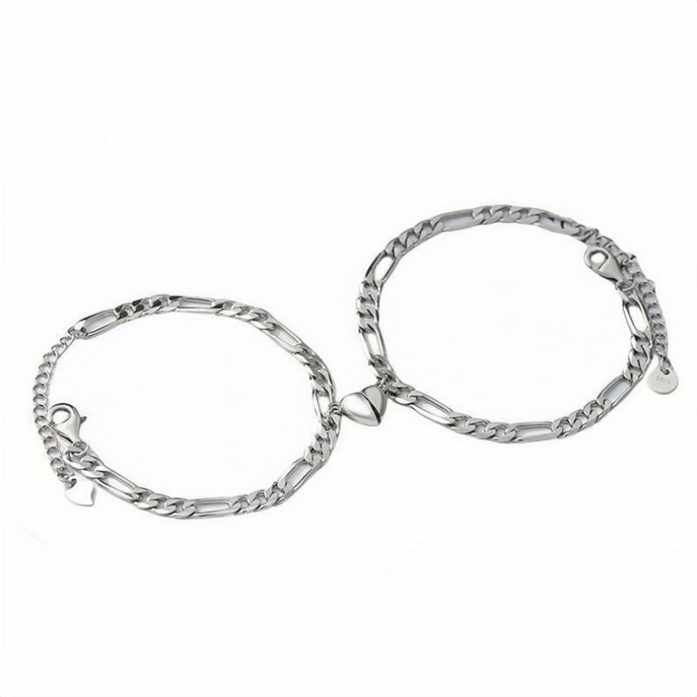 Matching Heart Magnetic Figaro Chains Bracelets For Couples In Sterling Silver