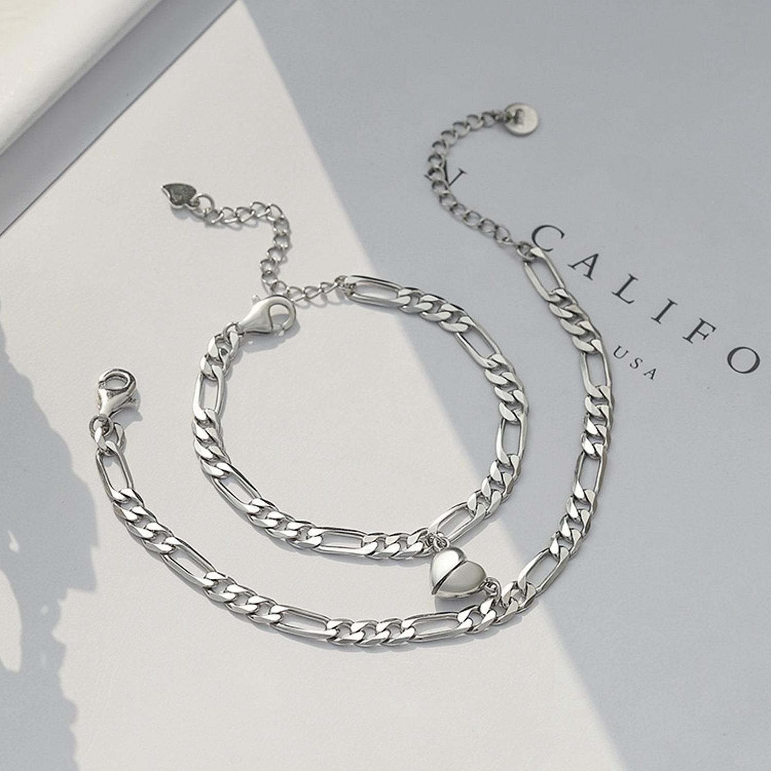 Matching Heart Magnetic Figaro Chains Bracelets For Couples In Sterling Silver