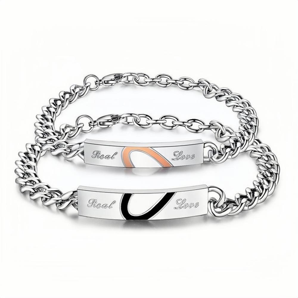 Engravable Real Love Matching Heart Couple Bracelets In Titanium