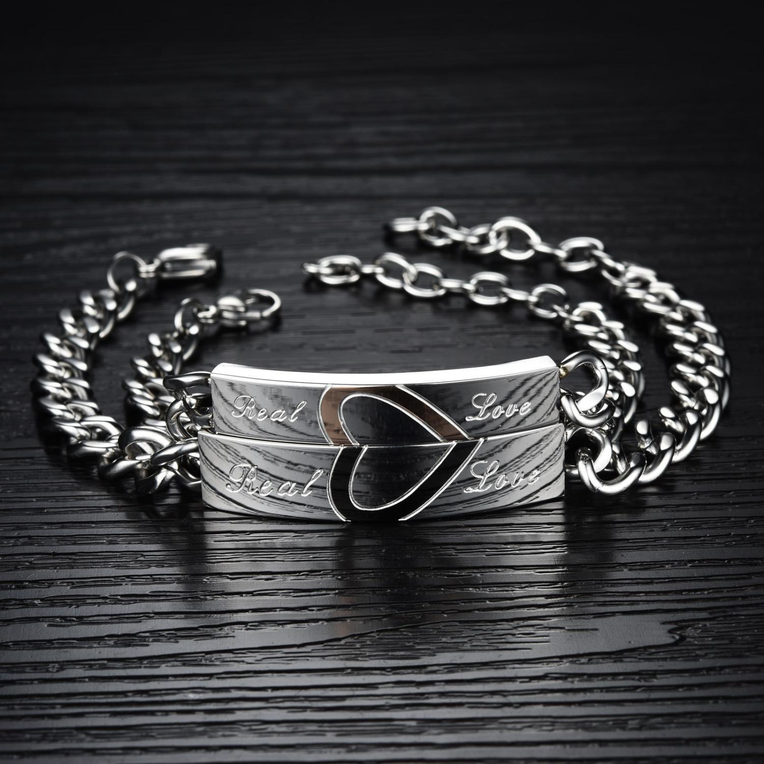 bimg_264_1 Engravable Real Love Matching Heart Couple Bracelets In Titanium