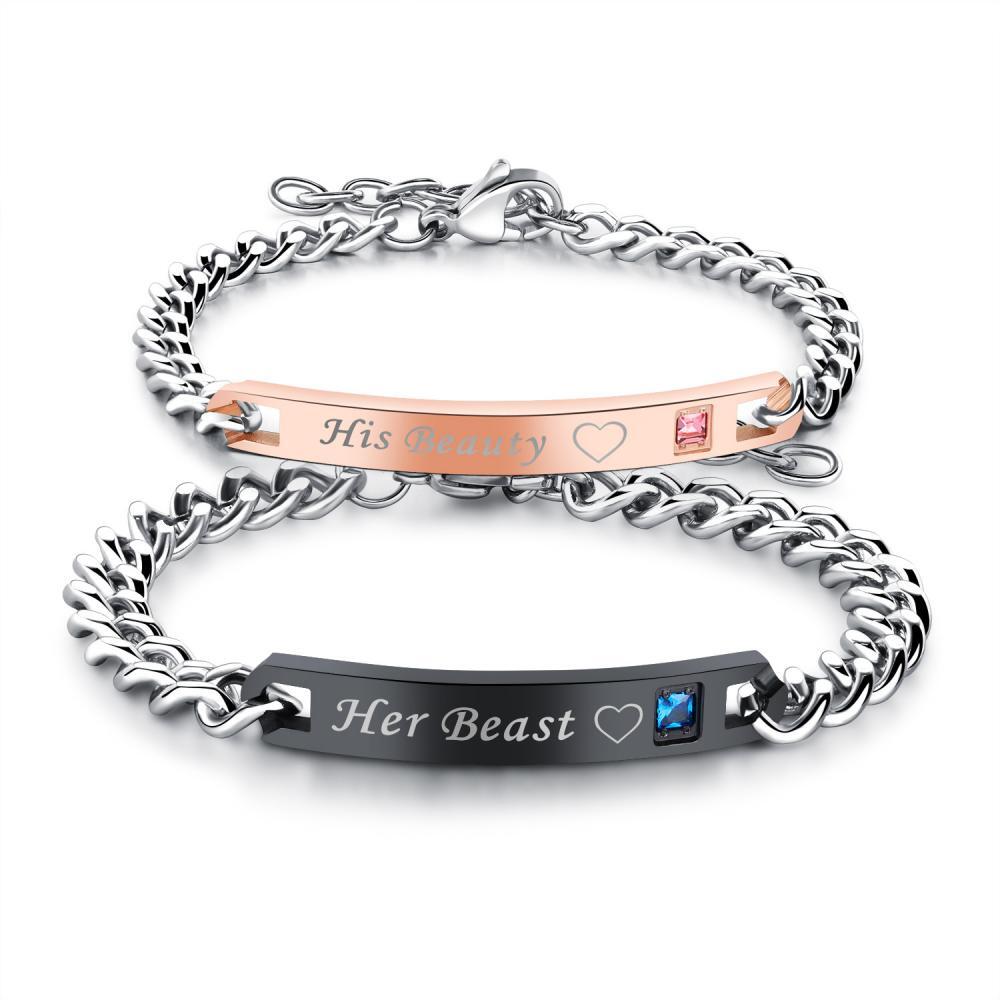 bimg_267_0 Engravable His Beauty Her Beast Couple Bracelets In Titanium