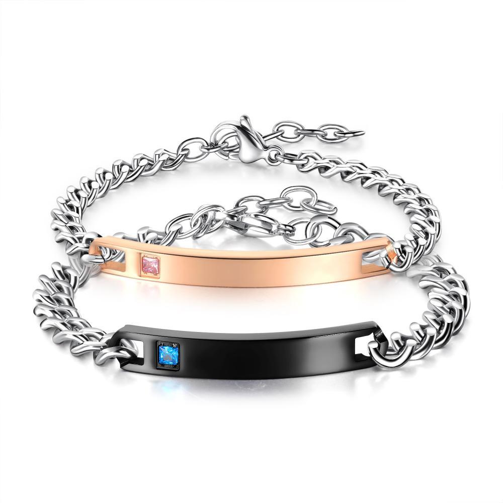 Engravable Black And Rose Matching Charm Bracelet For Couples In Titanium