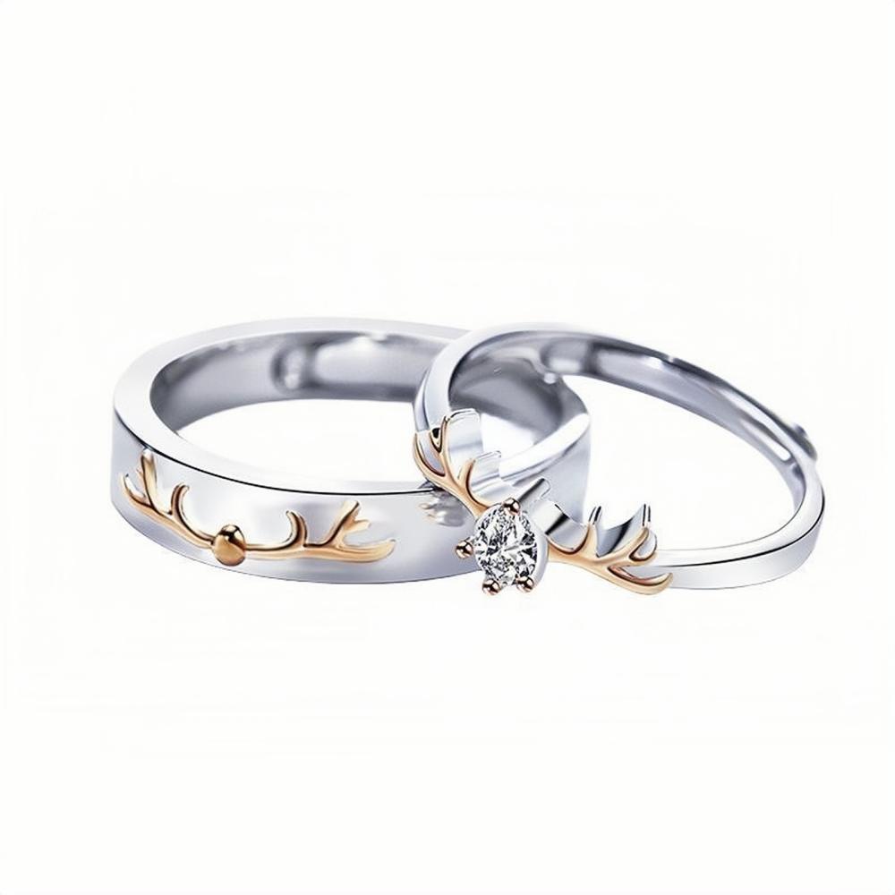 Adjustable Cute Elk Promise Rings For Couples In Sterling Silver