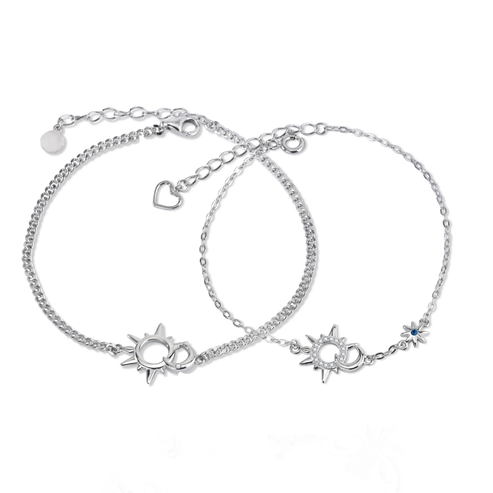 Unique Sun And Moon Matching Chain Couple Bracelets In Sterling Silver