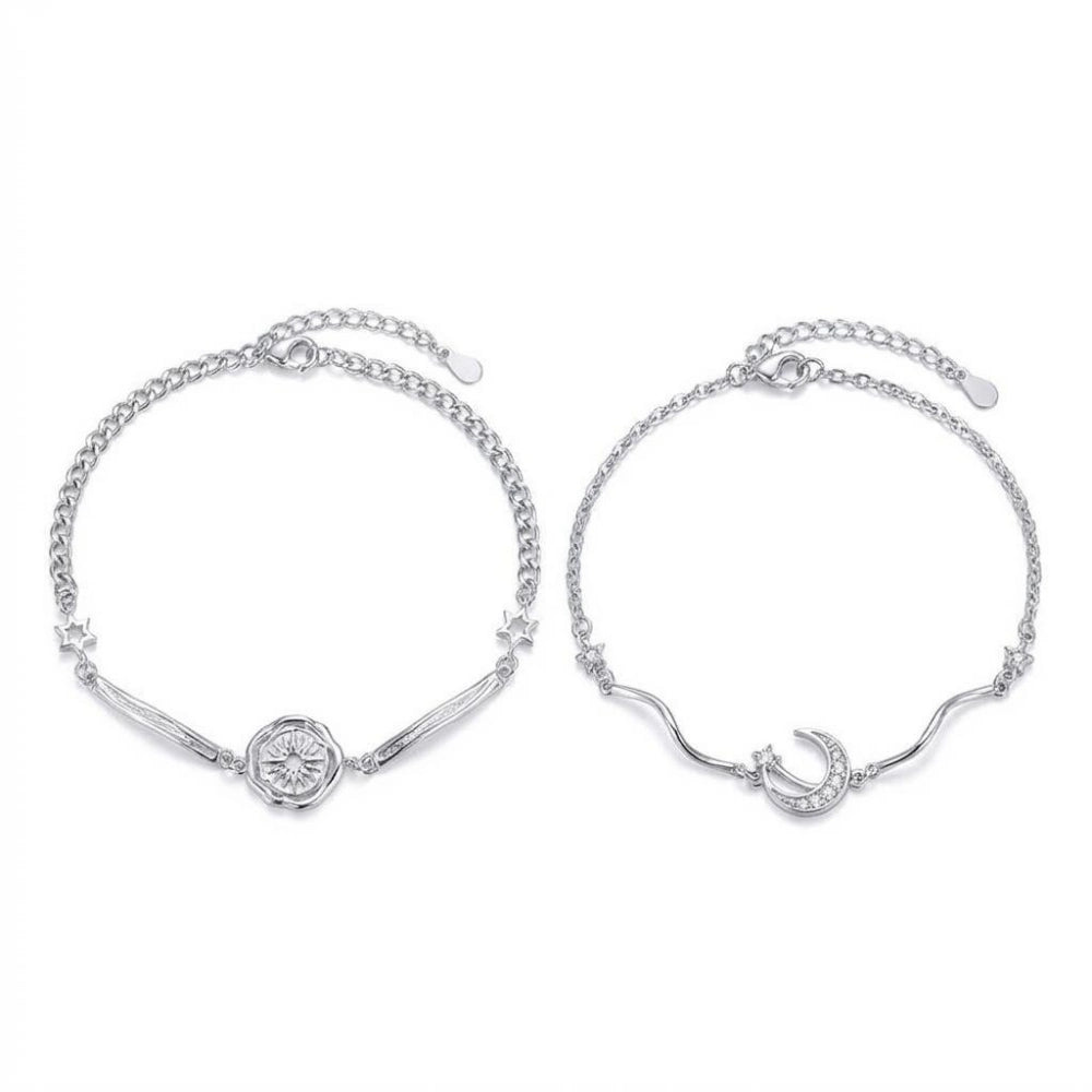 Engravable Sun And Moon Matching Couples Bracelets In Sterling Silver