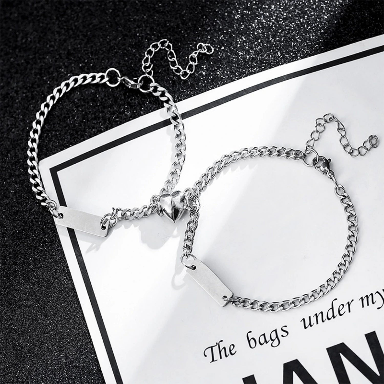 Engravable Matching Heart Magnetic Couple Bracelets In Titanium
