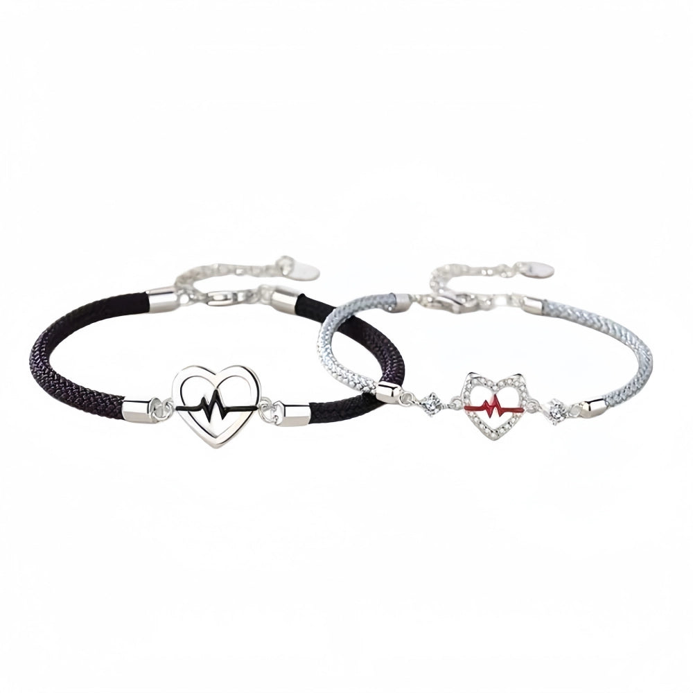 Unique Heartbeat Charm Couple Bracelets In Sterling Silver And Rope