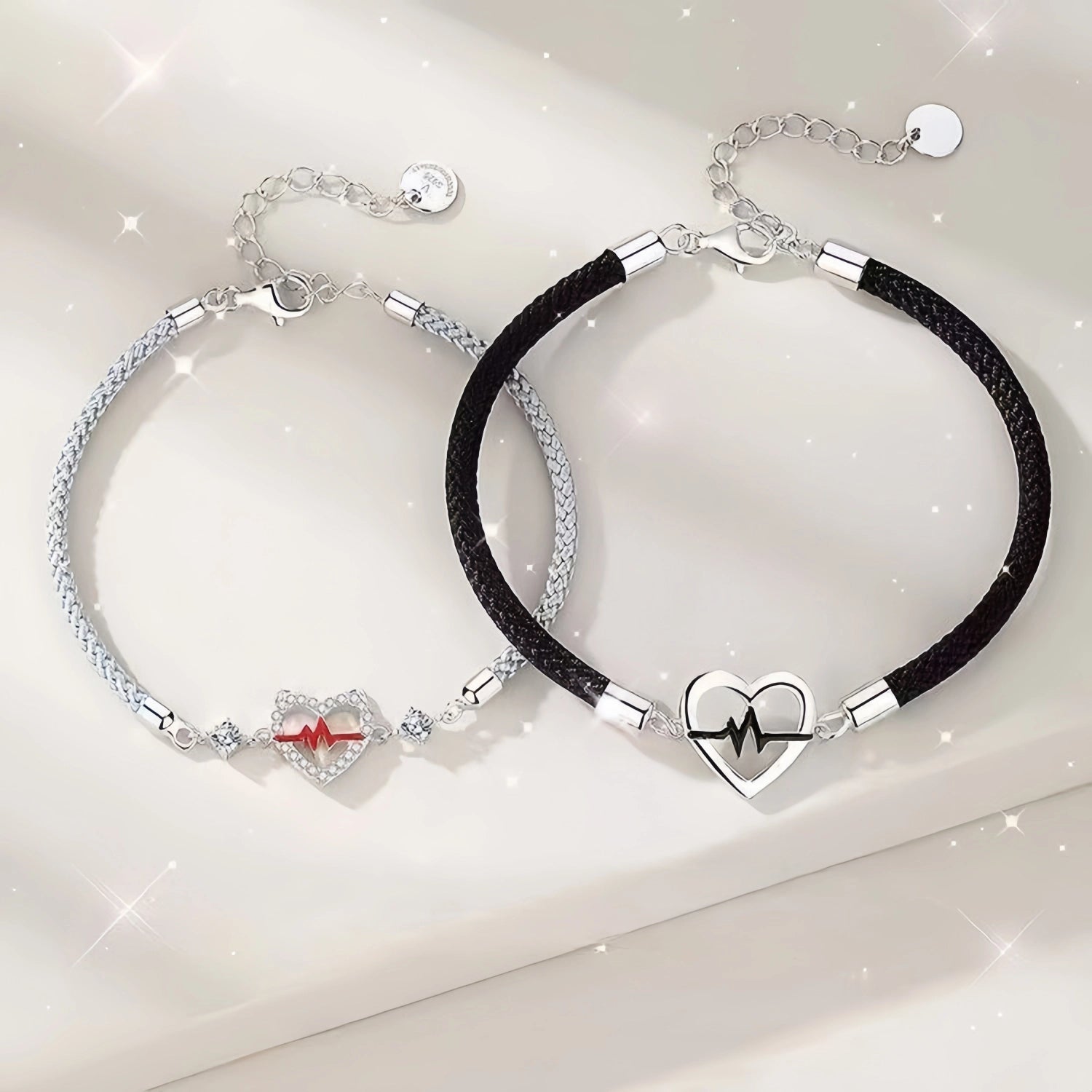 bimg_288_1 Unique Heartbeat Charm Couple Bracelets In Sterling Silver And Rope