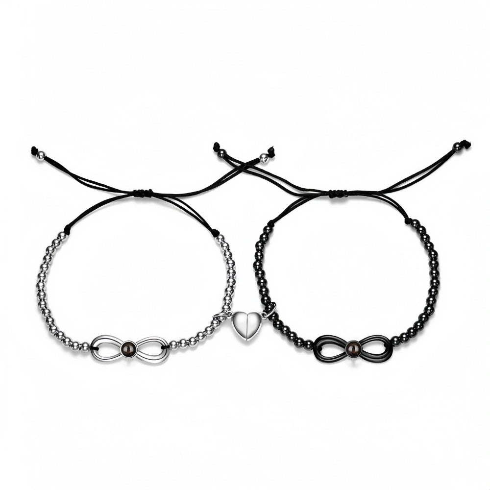 Magnetic Heart Infinity Charm Photo Projection Couple Bracelets In Sterling Silver