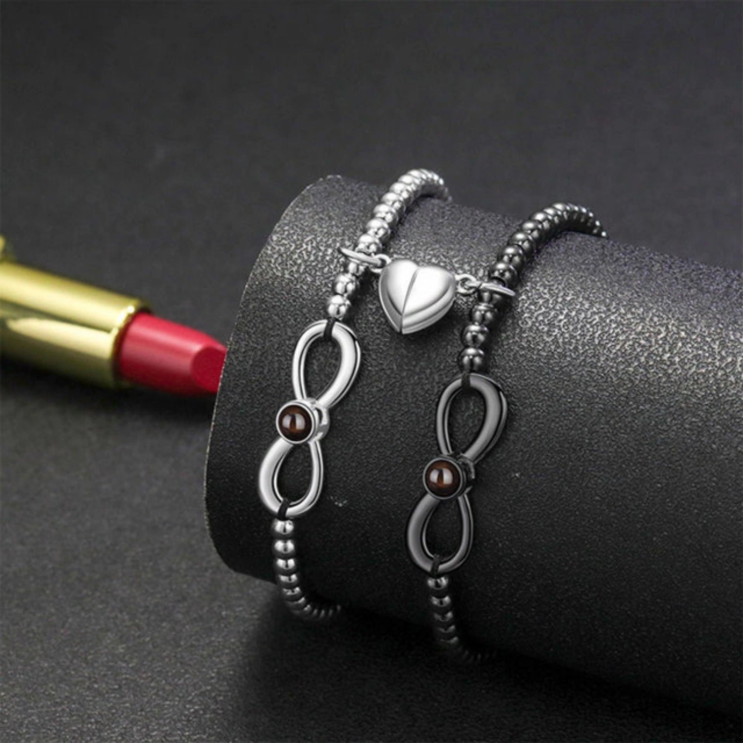 Magnetic Heart Infinity Charm Photo Projection Couple Bracelets In Sterling Silver